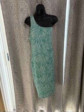 Nine West 1X One-Shoulder Green Zebra-Print Midi Dress - NWT